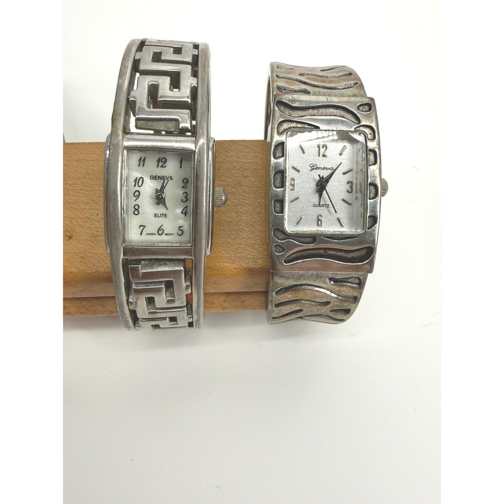 Geneva Elite 2pc Cuff Watch Set Silver Tone Greek Key Abstract Metal Quartz